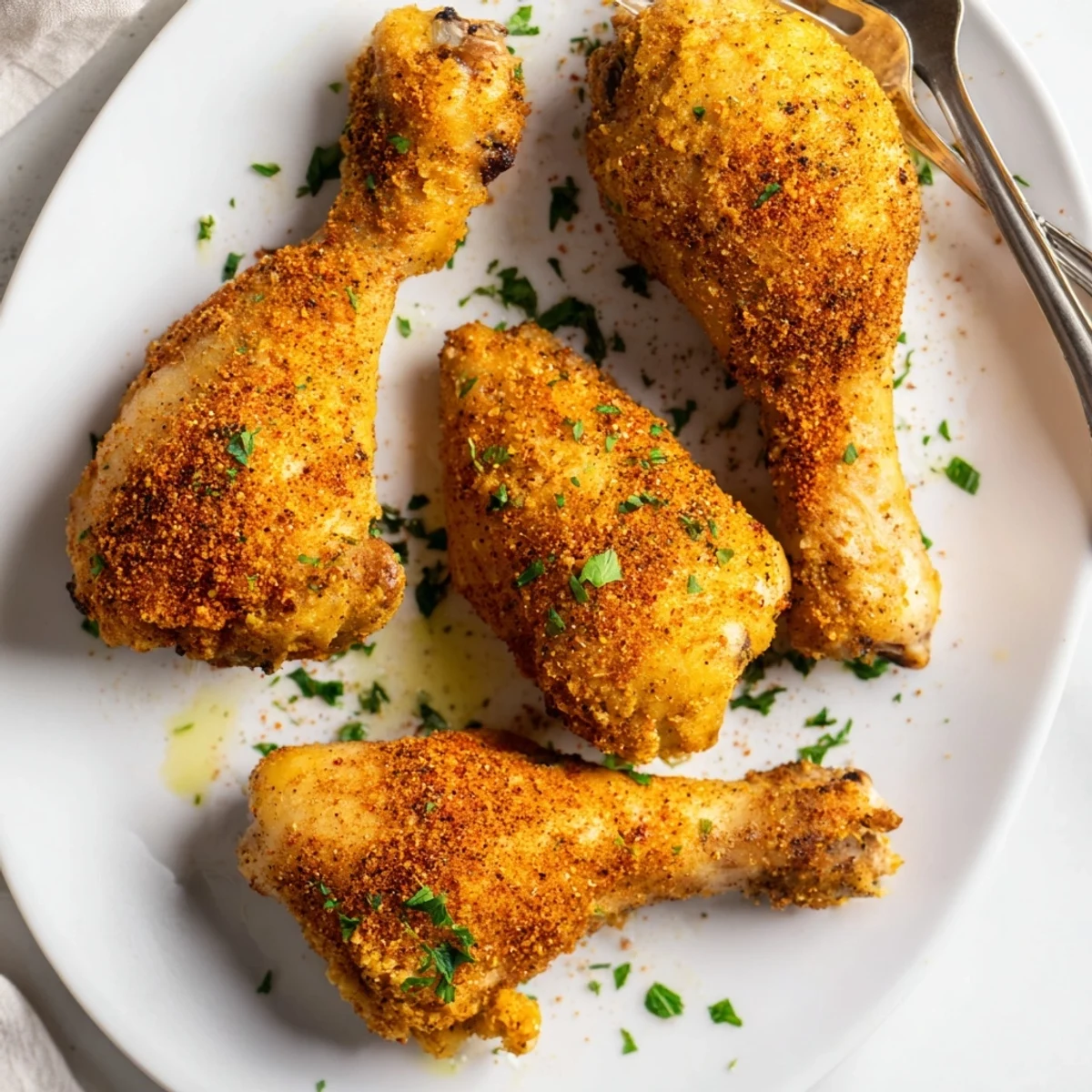 Juicy oven baked chicken legs garnished with fresh parsley and lemon wedges on a white plate