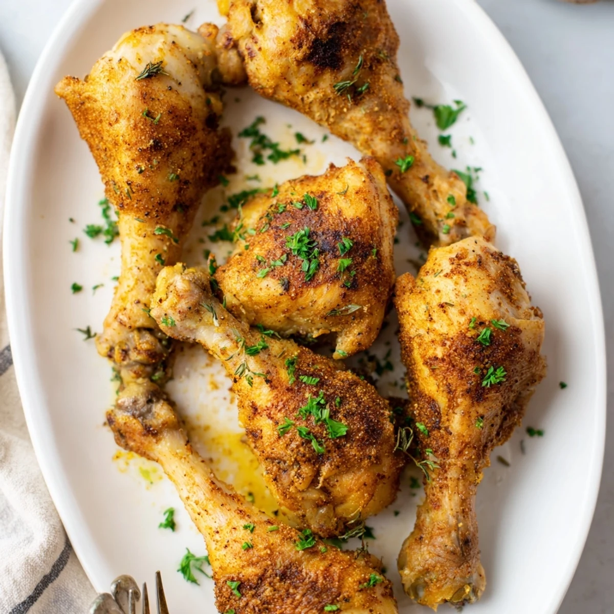 Perfectly roasted oven baked chicken legs with caramelized skin and aromatic herbs for a family dinner