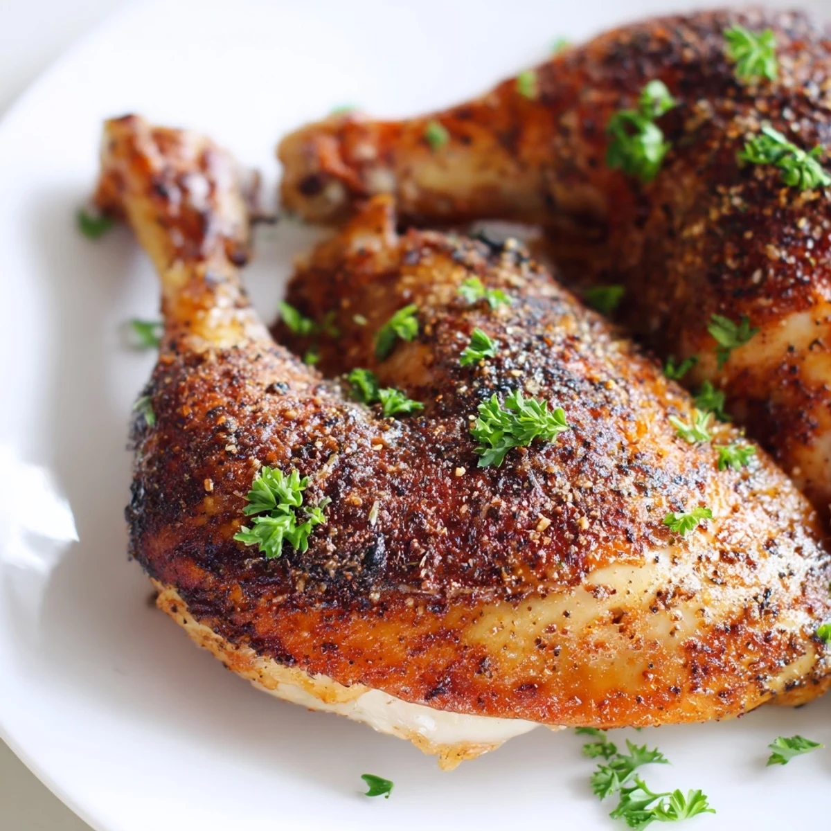 Golden brown baked chicken leg quarters with crispy seasoned skin resting on a wire rack