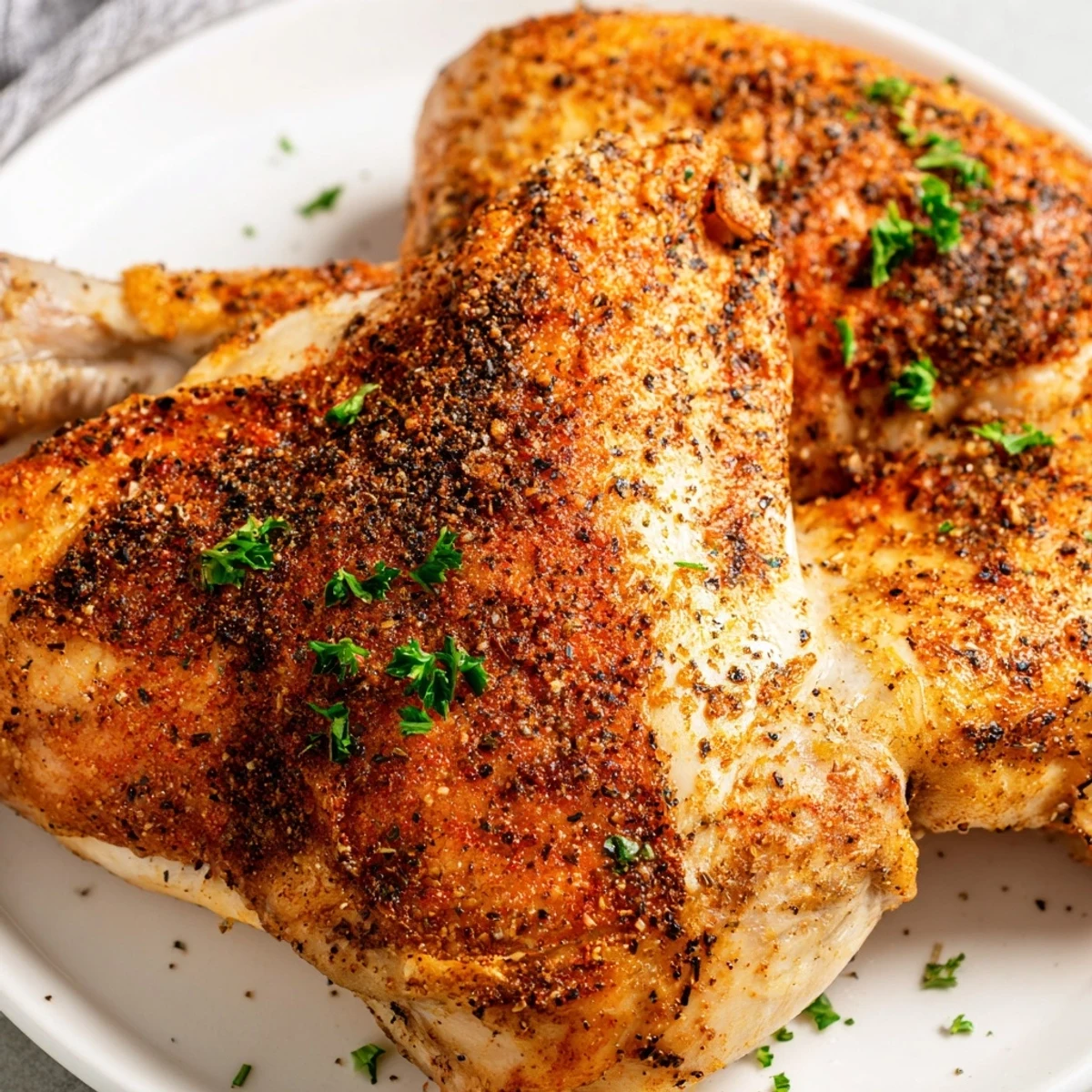 Four perfectly baked chicken leg quarters arranged on baking sheet with deeply bronzed crispy skin