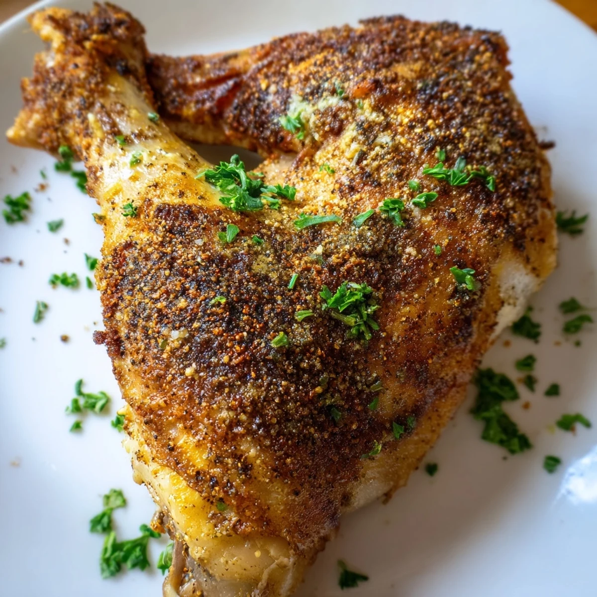 Juicy oven roasted chicken leg quarters displayed with fresh parsley garnish and lemon wedges