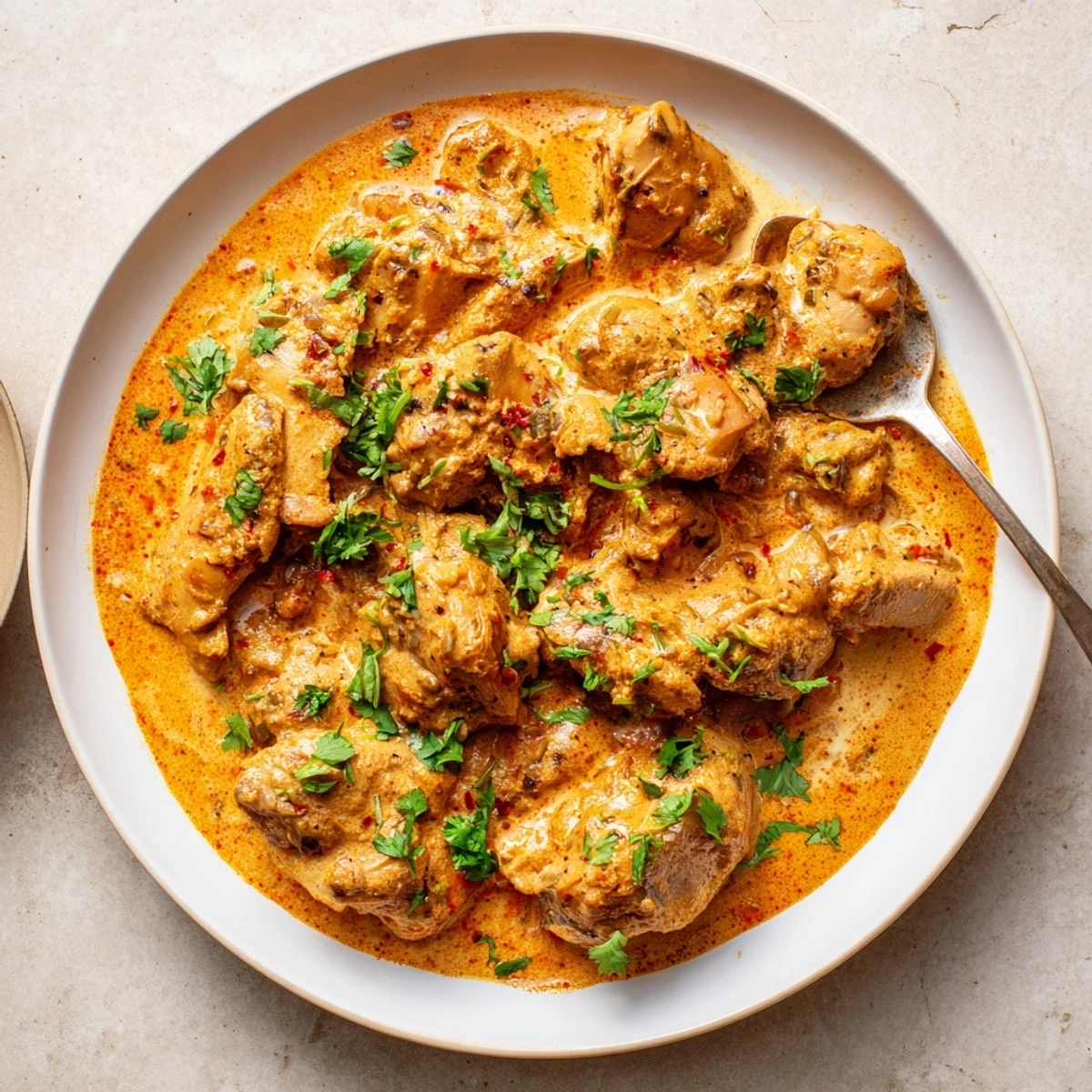 Golden butter chicken in creamy orange tomato sauce garnished with fresh green cilantro