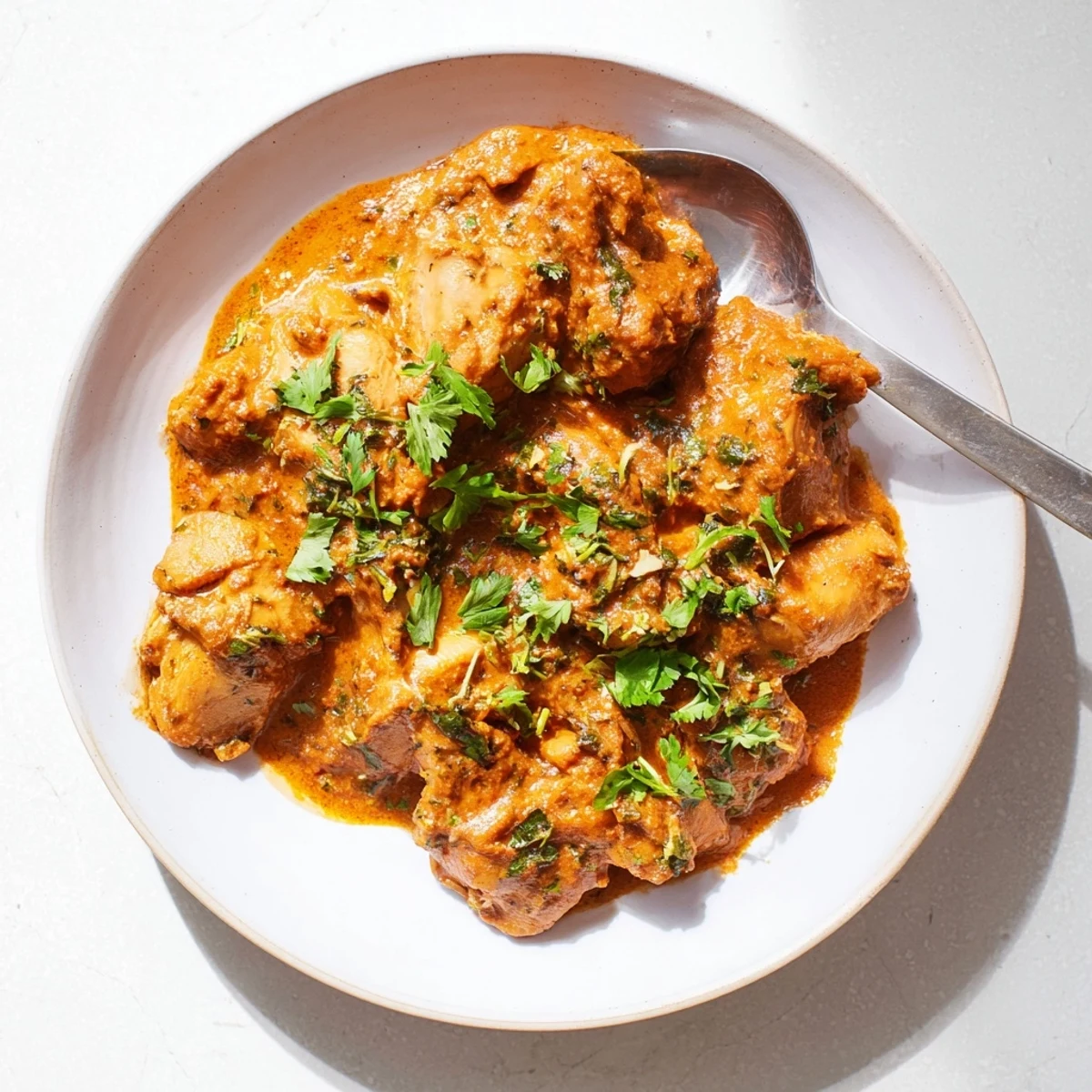 Tender pieces of spiced chicken simmering in rich Indian curry sauce with cream