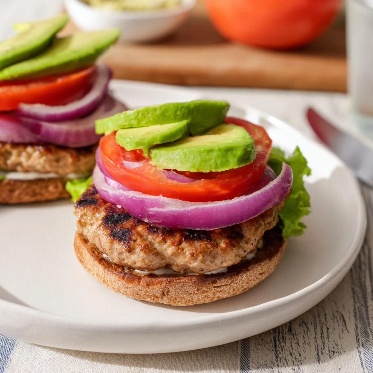Juicy healthy high protein burger stacked with fresh lettuce, tomato, and creamy Greek yogurt sauce on a toasted whole wheat bun