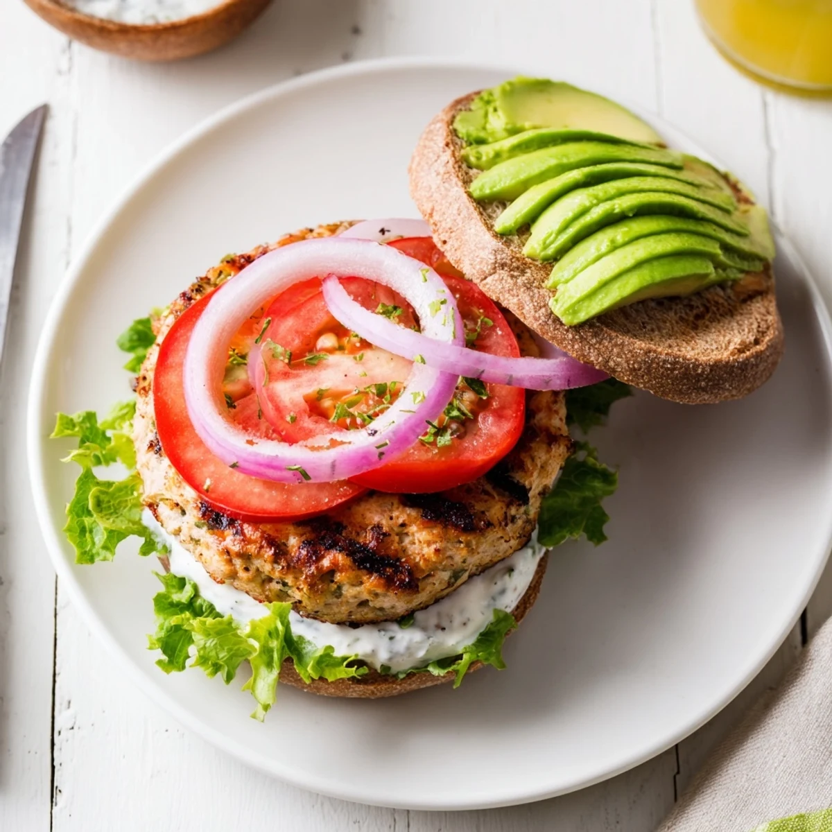 Golden brown healthy high protein burger patty topped with crisp vegetables and sliced avocado for a nutritious, satisfying meal
