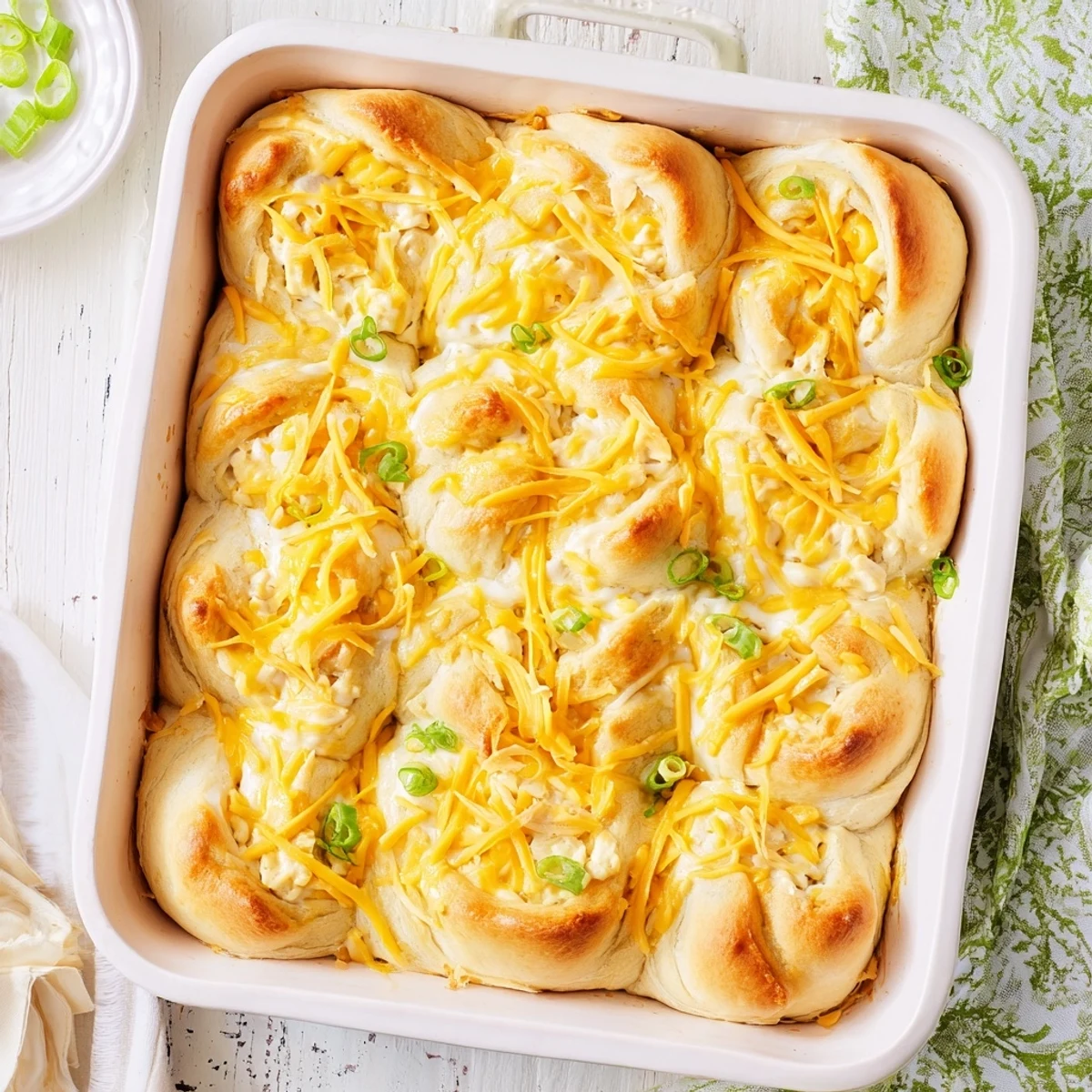 Golden brown cheesy chicken crescent bake with bubbling cheese topping and flaky pastry