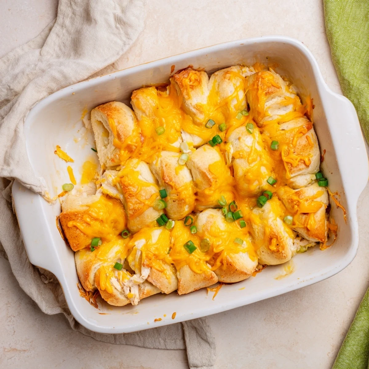 Baked crescent rolls stuffed with seasoned chicken and cheddar on a white plate
