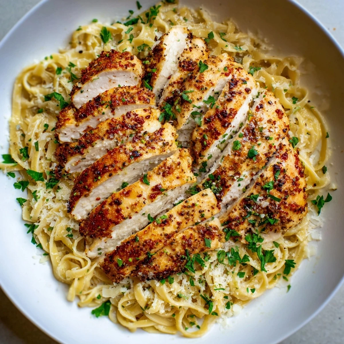 Golden brown chicken breasts resting atop buttery egg noodles in a single skillet