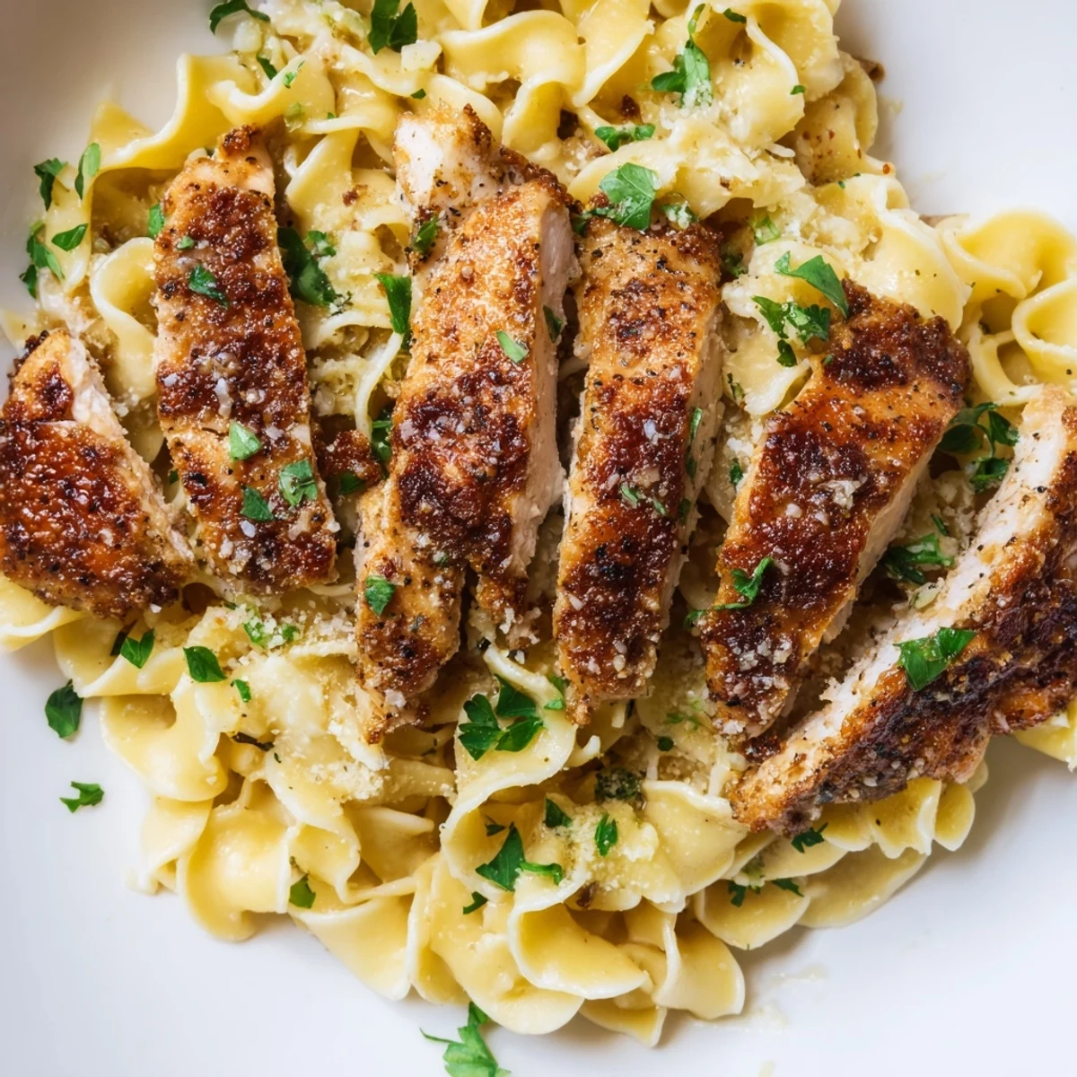 Savory one pan chicken with buttered noodles garnished with fresh parsley and parmesan