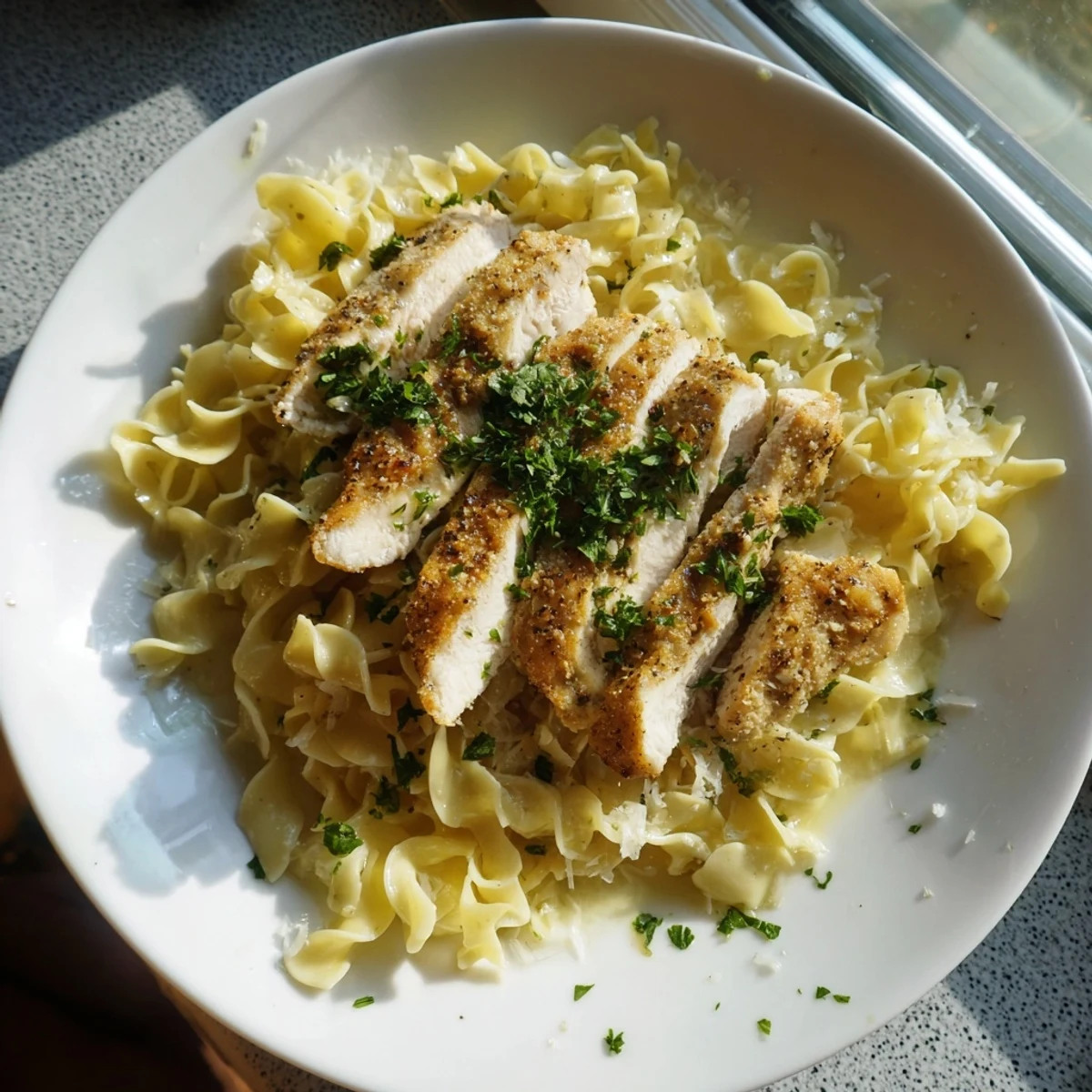 Tender sliced chicken served over silky noodles finished with melted butter and herbs