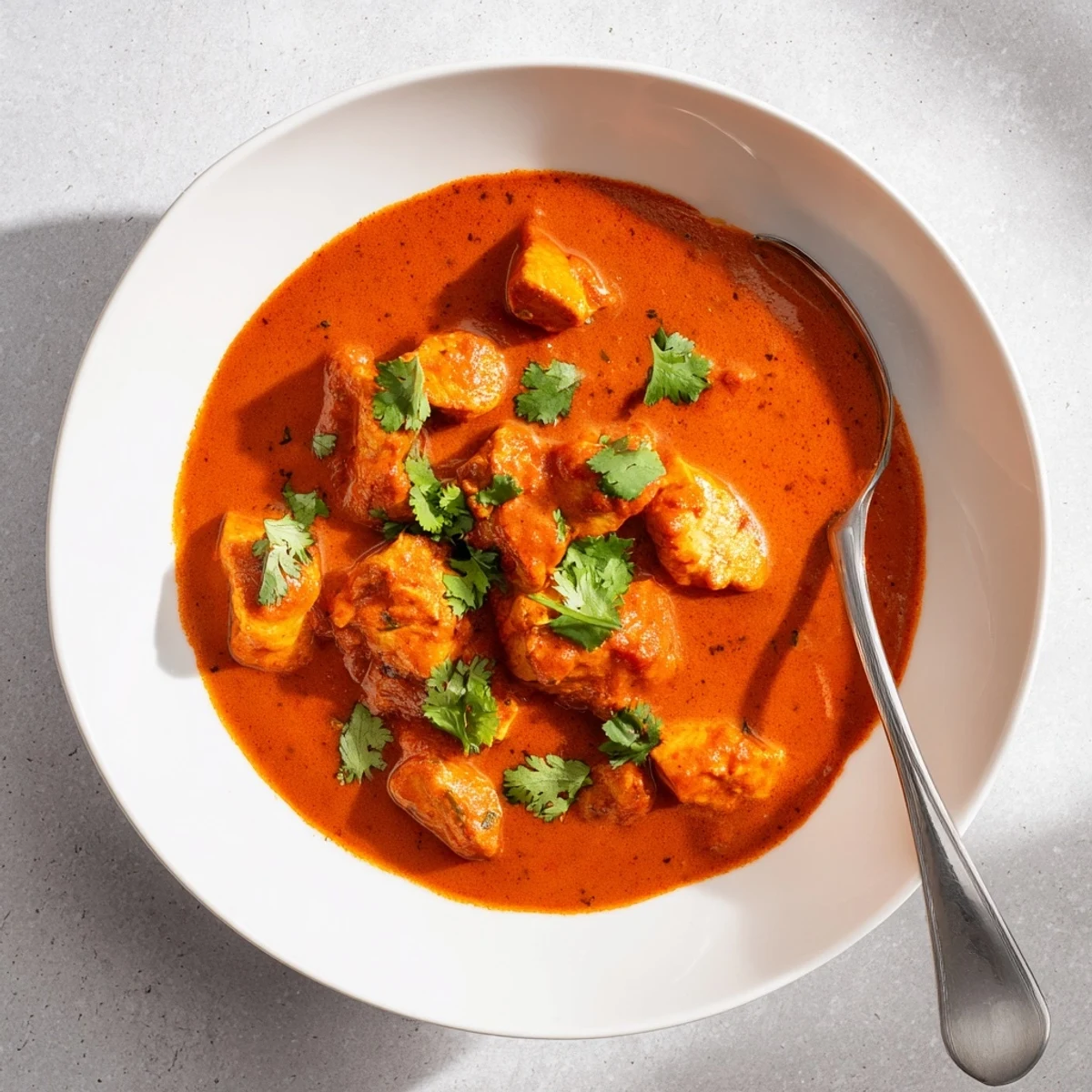 Golden Butter Chicken featuring tender chicken pieces swimming in a rich, velvety tomato-based curry sauce garnished with fresh cilantro