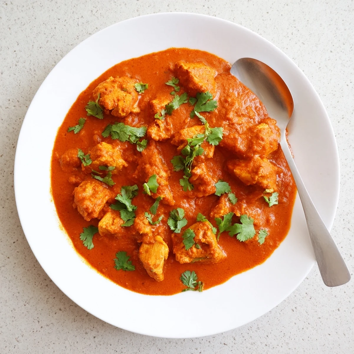 Delicious Butter Chicken curry in a white bowl showcasing the vibrant orange sauce and succulent spiced chicken thighs