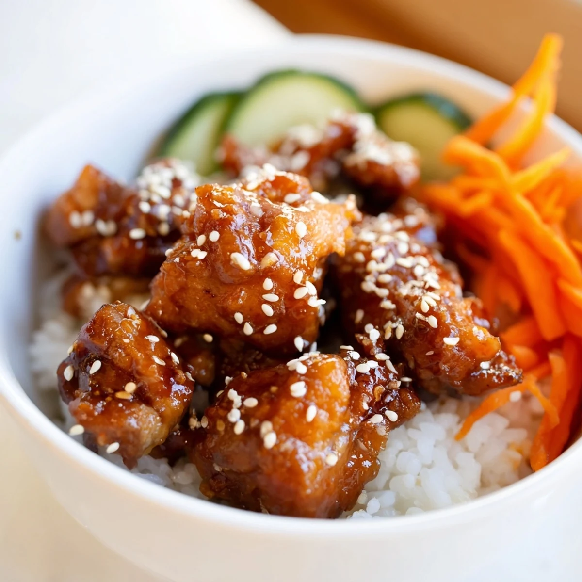 Golden glazed sticky chicken bowl with fluffy rice, crisp cucumbers, carrots, and sesame seed garnish