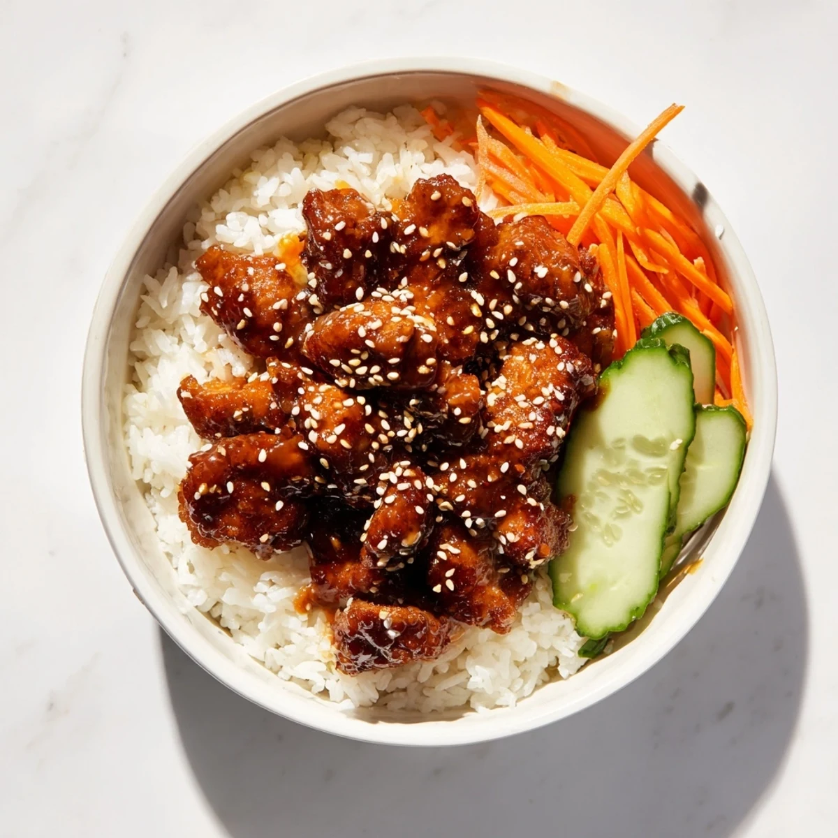 Tender chicken pieces coated in glossy honey garlic sauce served over steaming rice with fresh vegetables