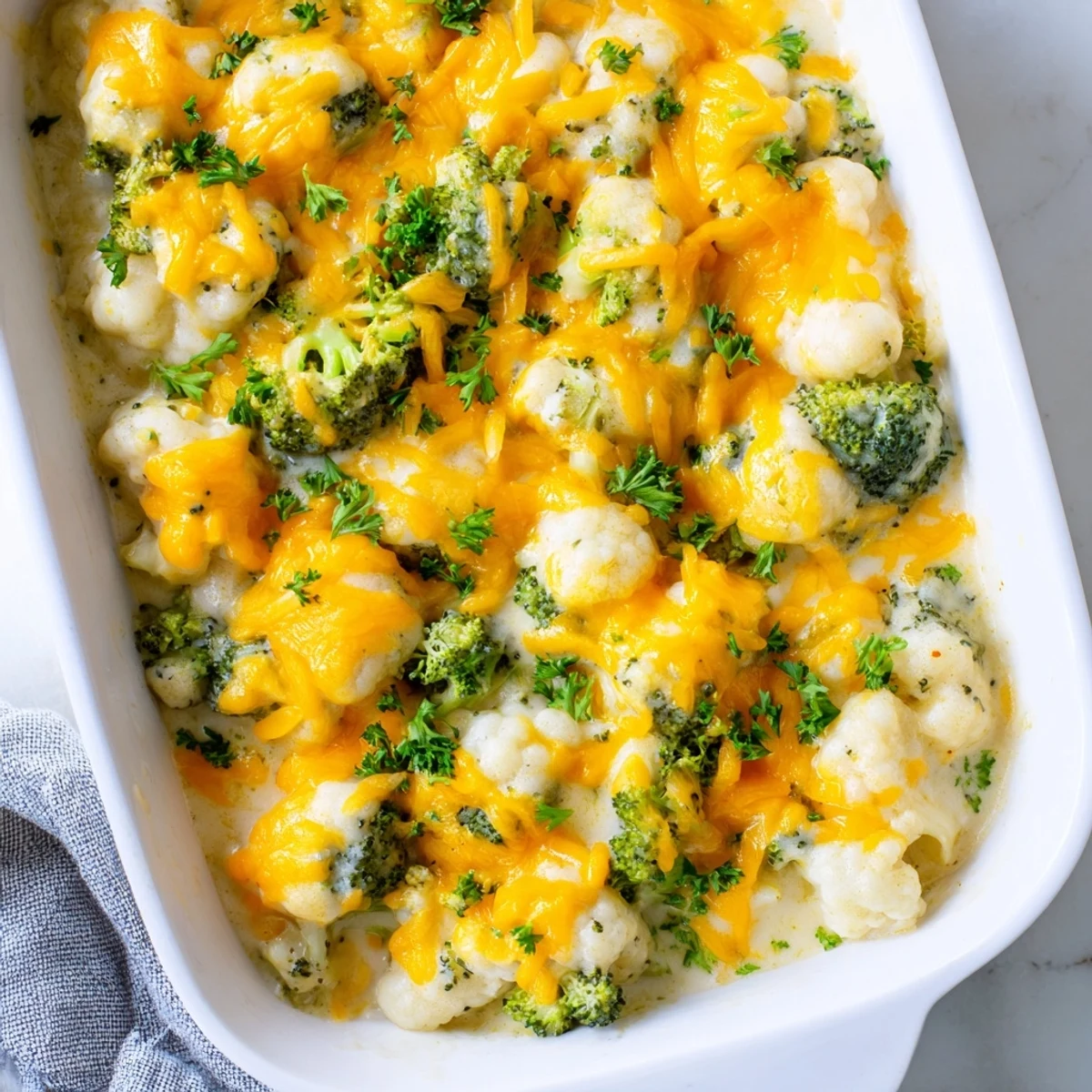 Homemade keto broccoli cauliflower bake fresh from the oven with gooey cheese topping
