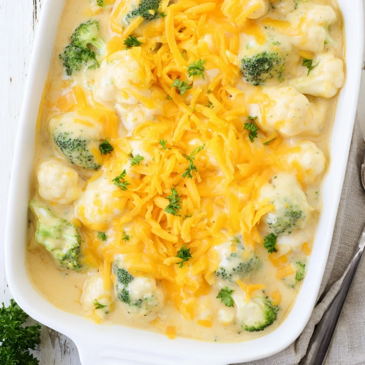 Creamy low-carb casserole featuring tender broccoli florets and cauliflower in rich cheese sauce