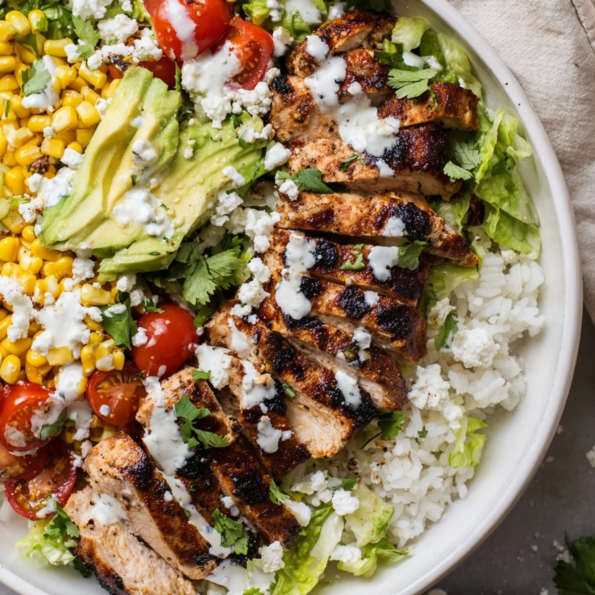 Colorful street corn chicken bowl featuring grilled spiced chicken, roasted corn kernels, creamy cotija cheese and zesty lime crema drizzled over fluffy rice