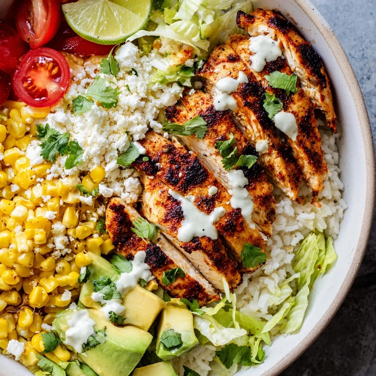 Hearty Mexican-inspired street corn chicken bowl topped with sliced grilled chicken, charred corn, fresh avocado, cherry tomatoes and tangy lime crema