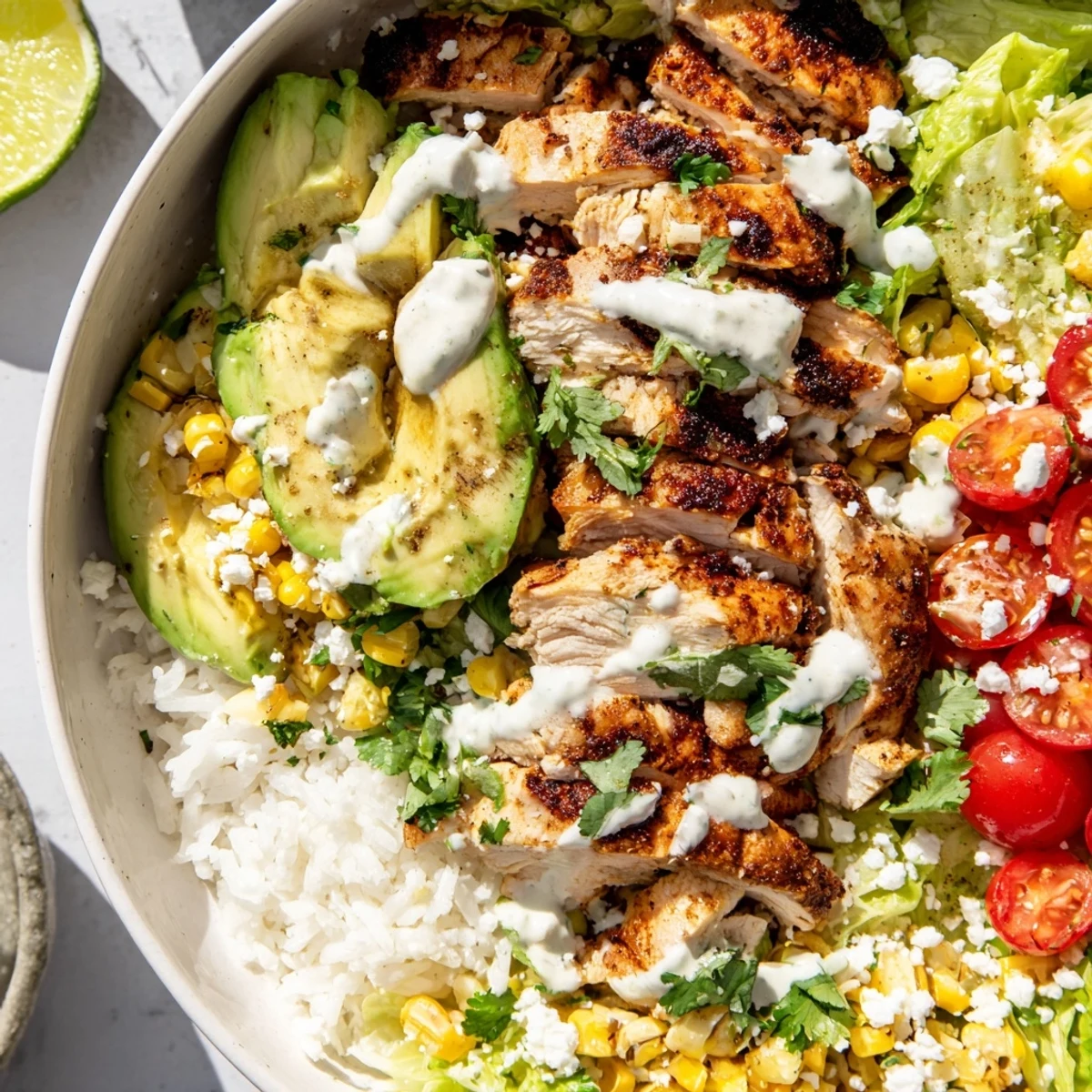 Savory chicken street corn bowl packed with seasoned grilled chicken, roasted corn, crisp romaine lettuce, crumbled cotija and cool lime dressing