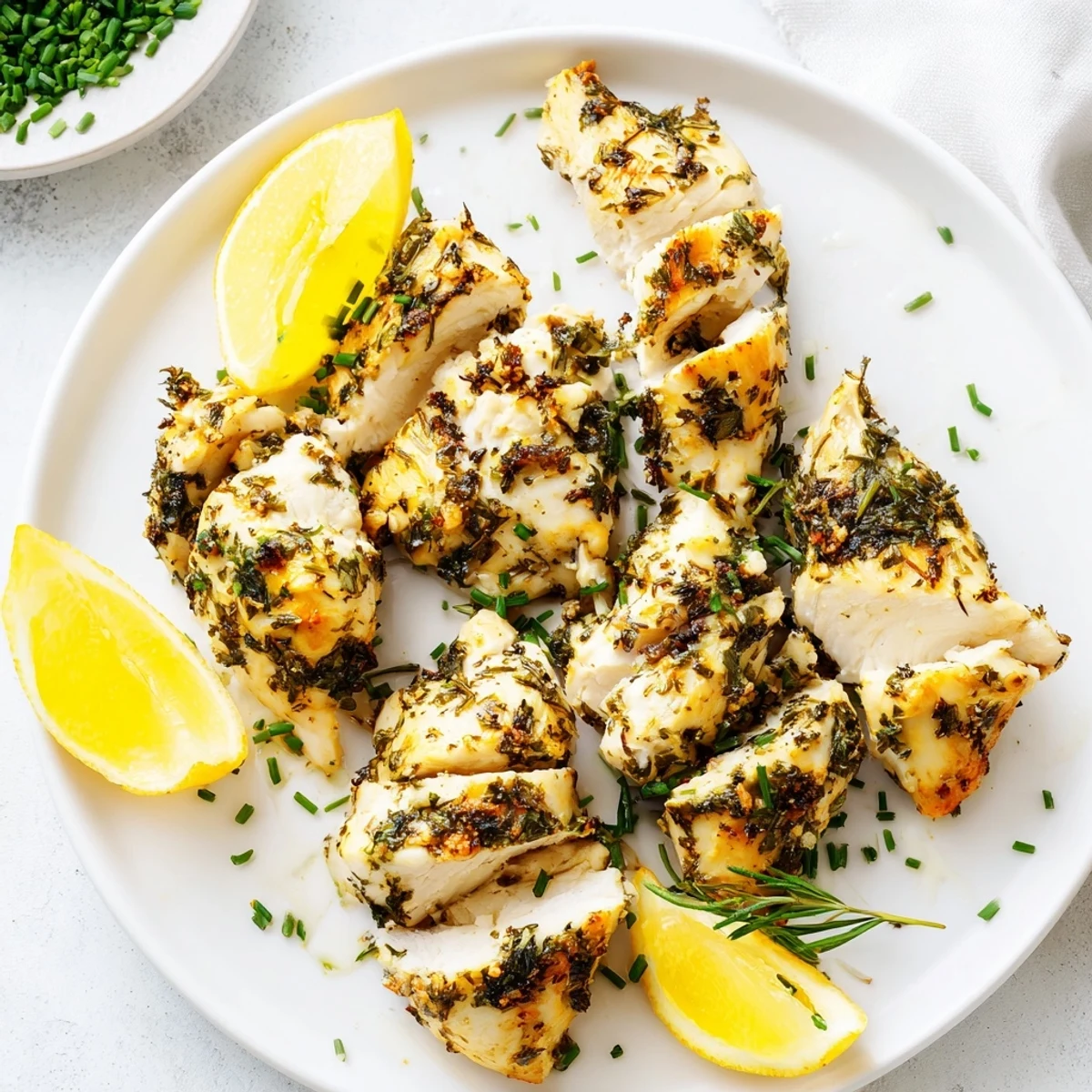 Golden roasted Spring Garlic Herb Chicken with fresh herbs and lemon garnish on a white plate