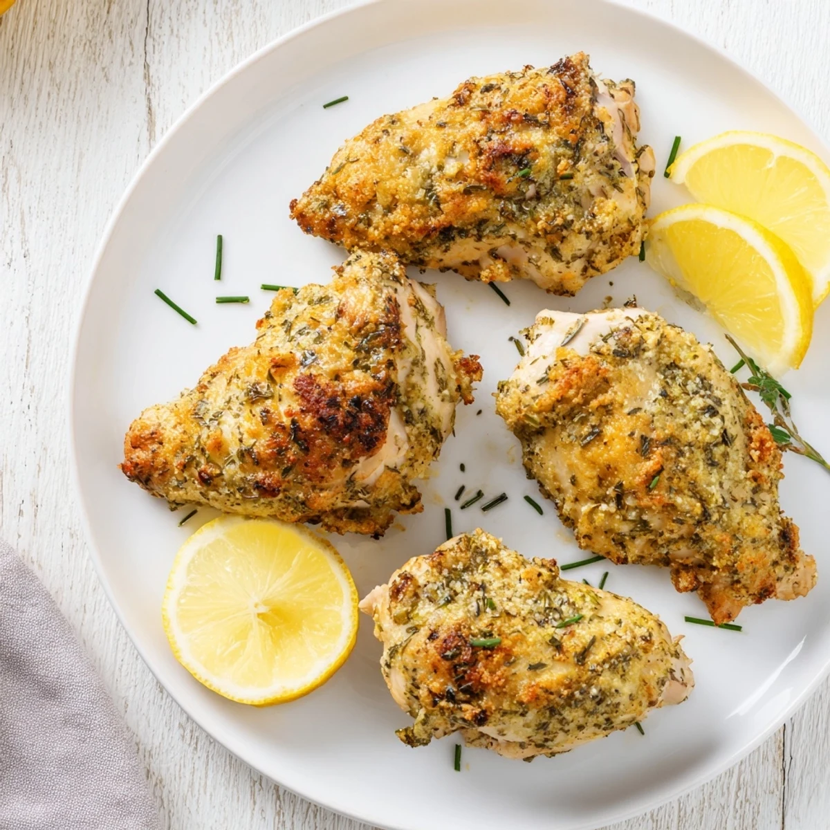 Sliced Spring Garlic Herb Chicken sprinkled with fresh chives, served with lemon wedges on a rustic wooden board
