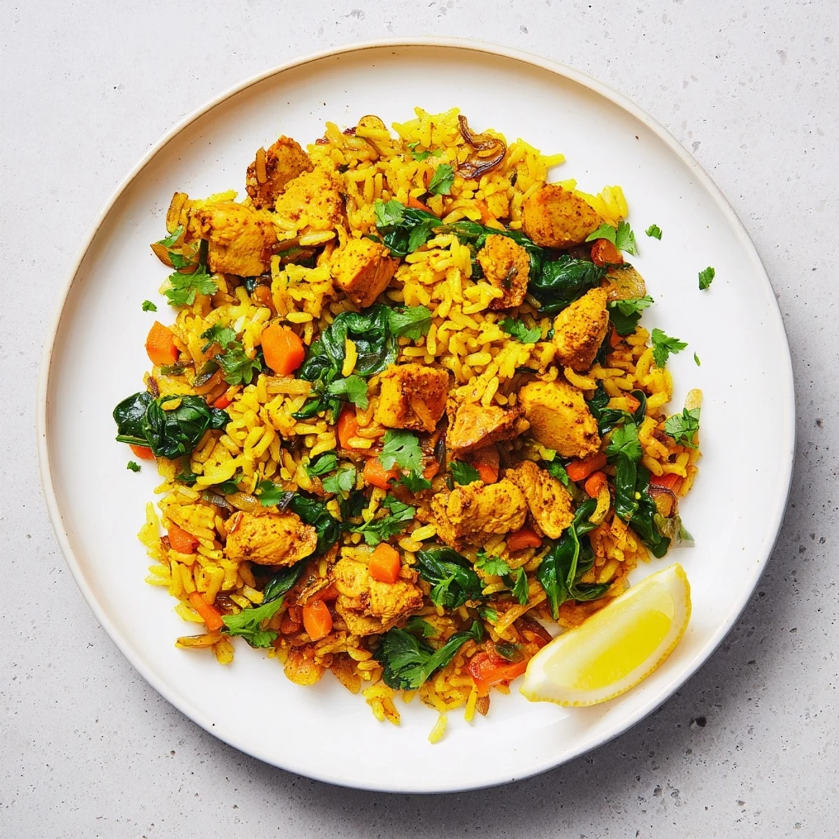 Golden yellow anti-inflammatory turmeric chicken rice served in a white bowl topped with fresh cilantro
