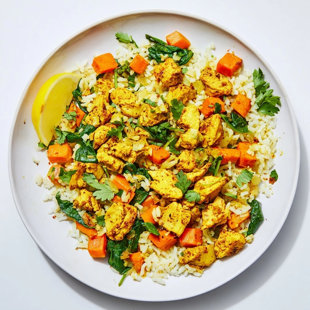 Vibrant one-pot turmeric chicken rice with tender chunks and wilted spinach garnished with lemon wedges