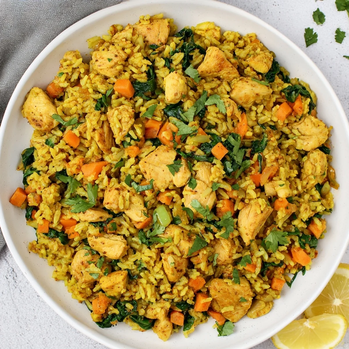 Fluffy turmeric-infused rice bowl with savory chicken pieces and colorful diced carrots ready for dinner