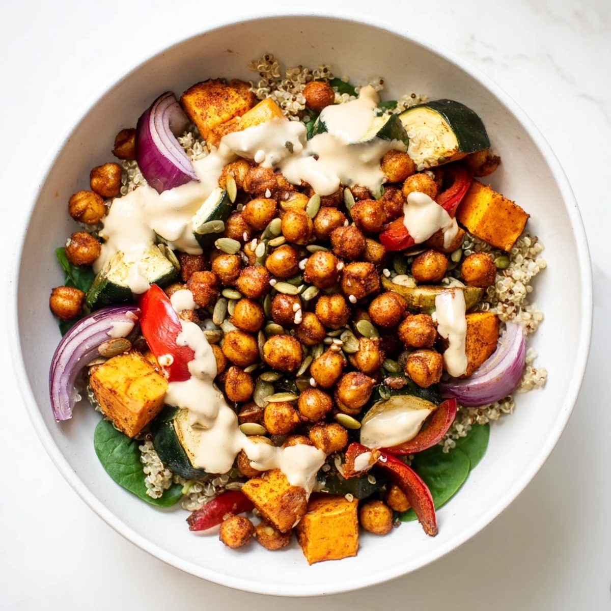 Mediterranean-inspired bowl featuring crisp spiced chickpeas, roasted sweet potato, and vegetables with tahini sauce