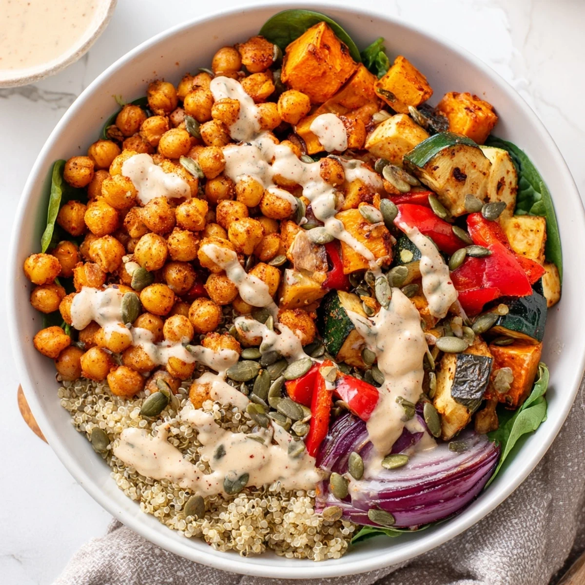 Colorful roasted chickpea and veggie bowl drizzled with creamy tahini dressing over fluffy quinoa