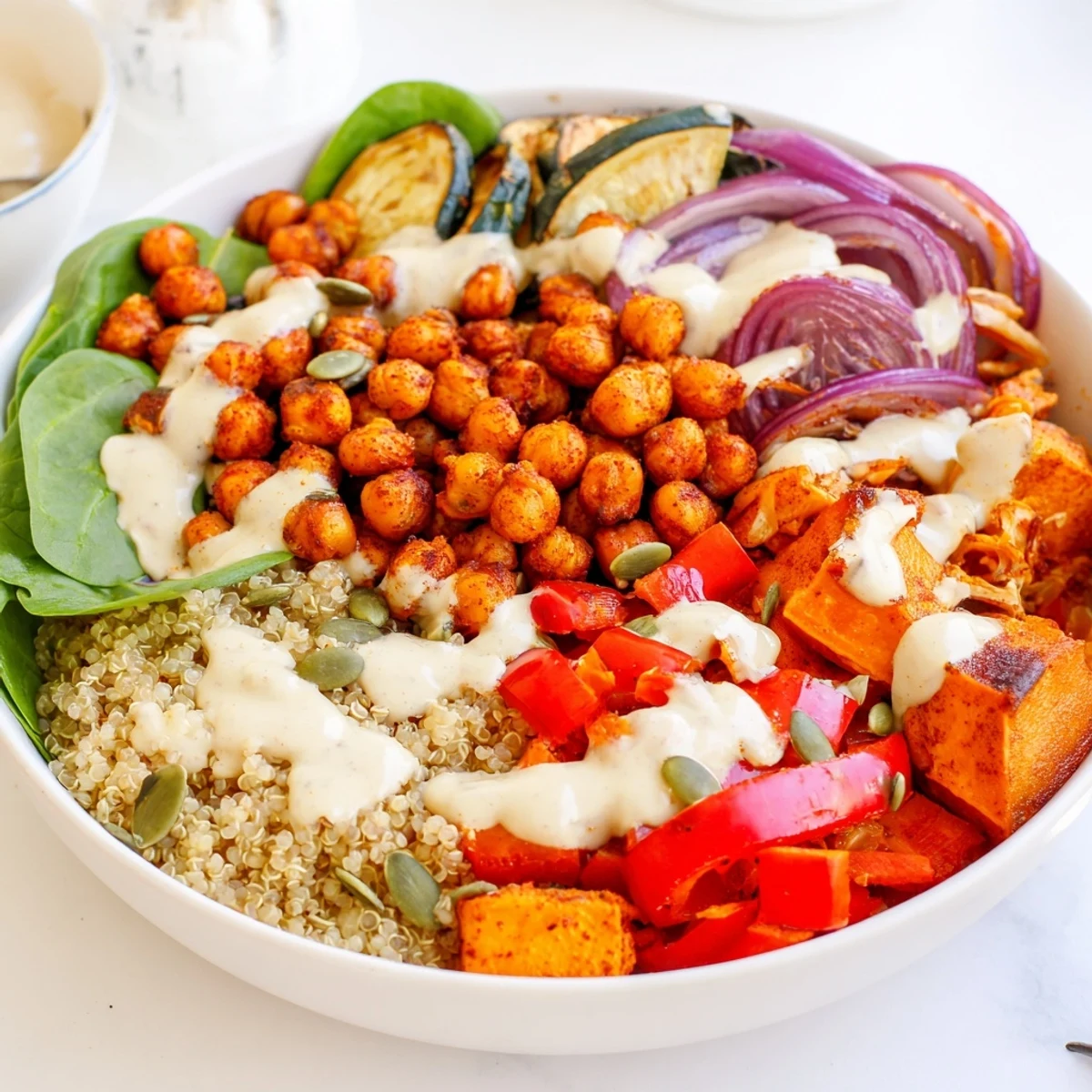 Vibrant plant-based meal with roasted vegetables, crispy chickpeas, quinoa base, and golden tahini dressing