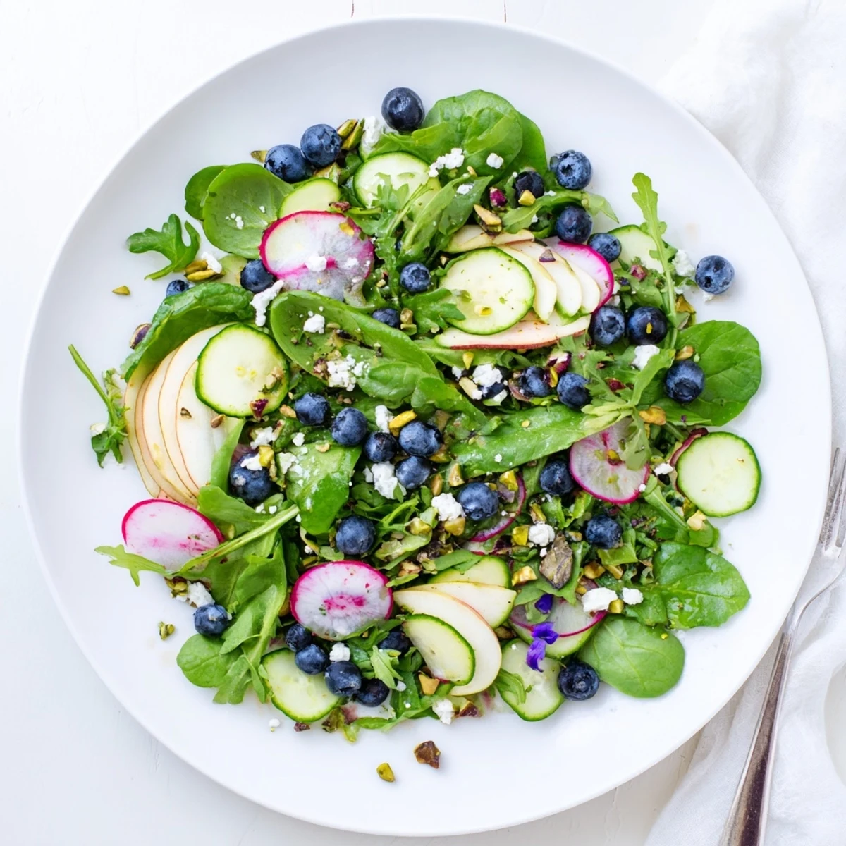Fresh blueberry pistachio spring salad with feta cheese and crisp vegetables in a white bowl