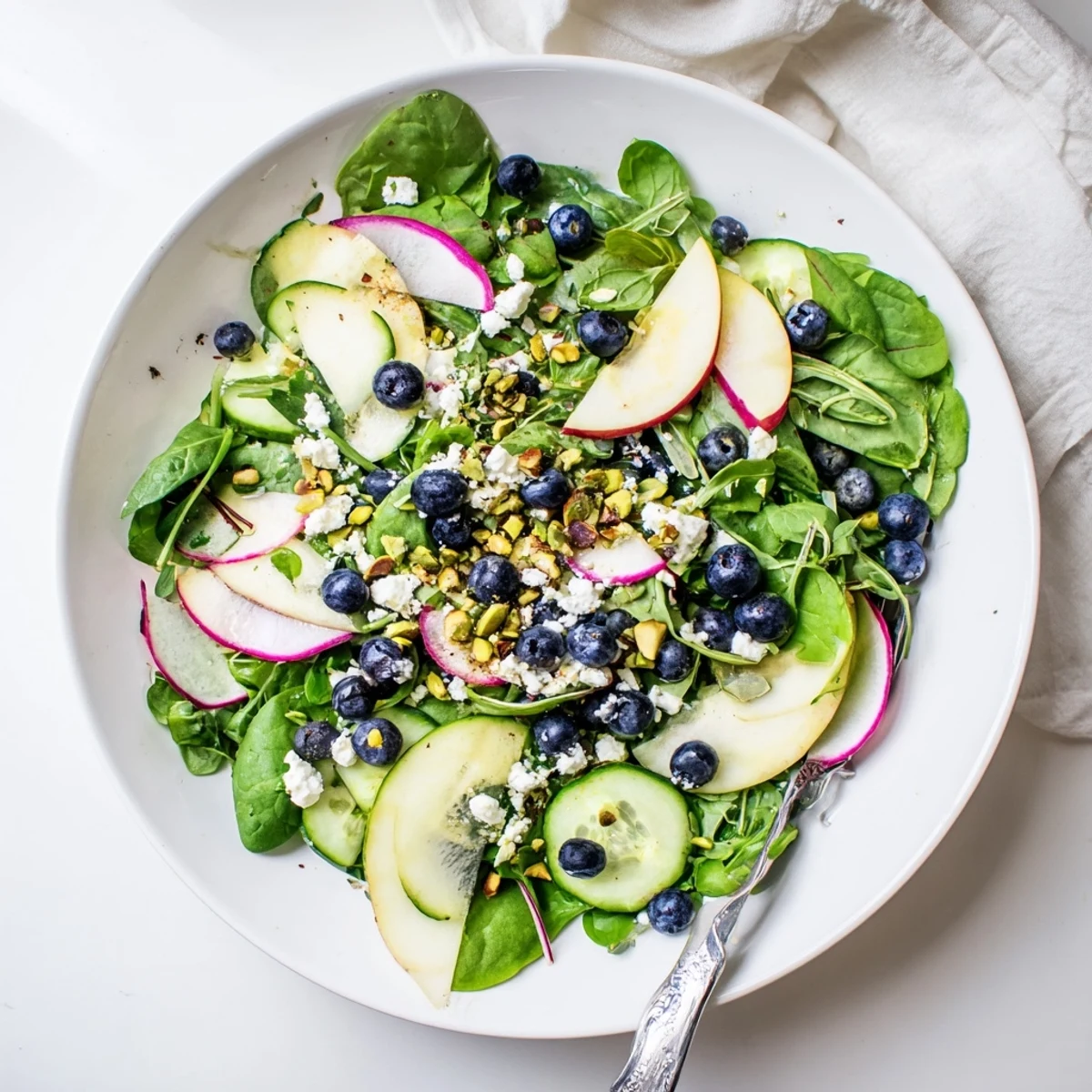 Colorful blueberry pistachio spring salad featuring spinach arugula cucumber radishes apple slices and crunchy nuts