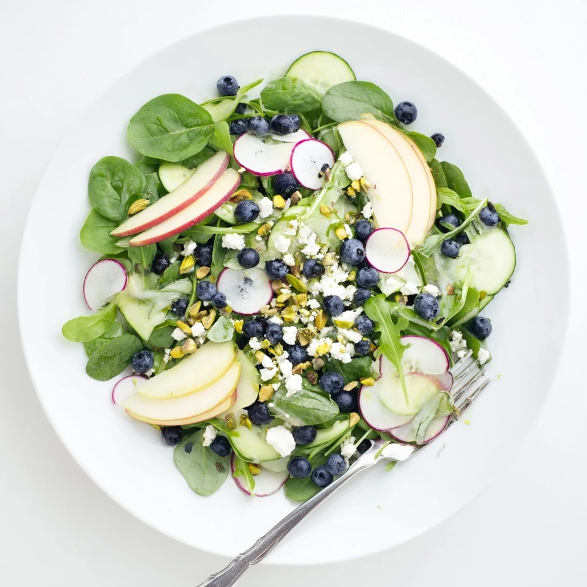 Vibrant blueberry pistachio spring salad topped with crumbled feta and drizzled with lemon honey dressing