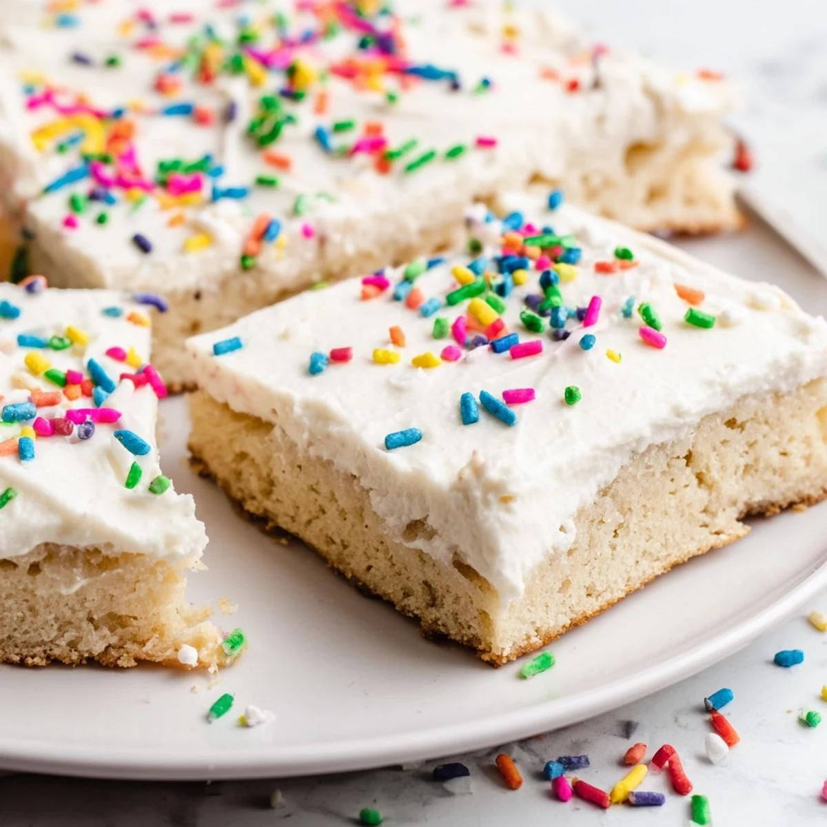 Soft homemade sugar cookie bars topped with creamy white vanilla frosting and colorful sprinkles