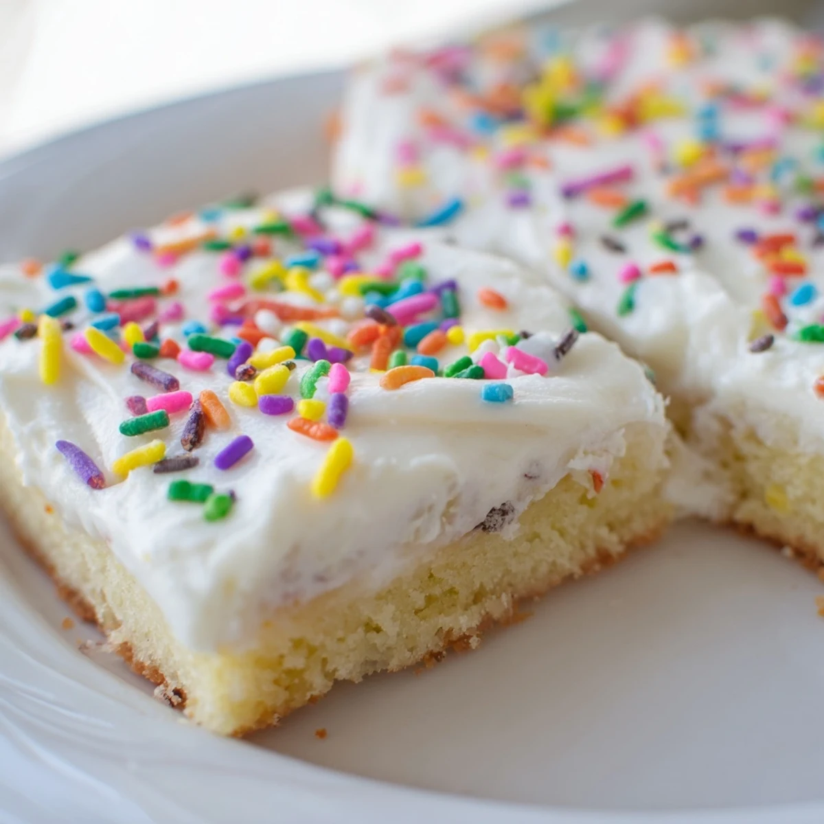 Frosted sugar cookie bars cut into squares on a serving platter ready for parties