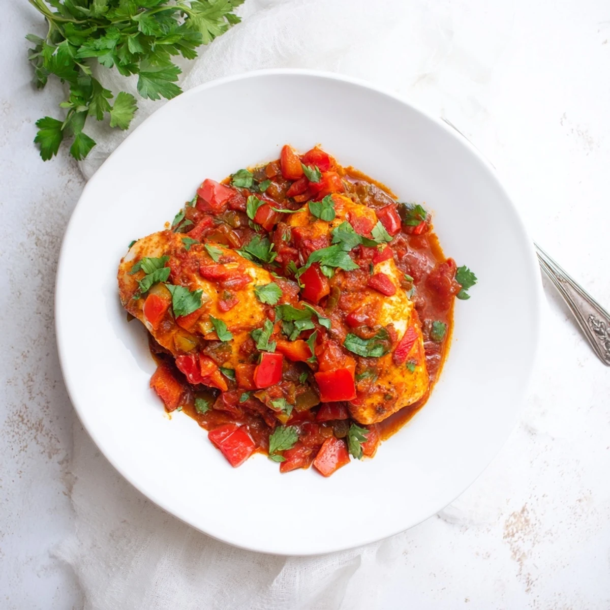 Moroccan braised fish fillets nestled in rich red tomato sauce with fresh herb garnish