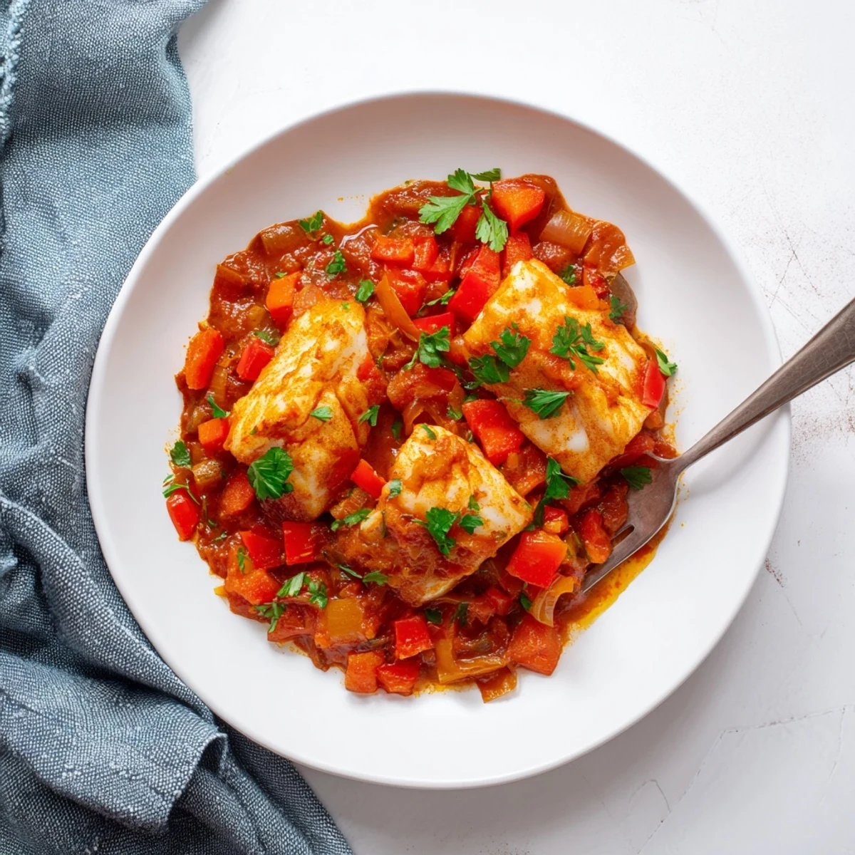 Tender white fish simmered gently in spiced Moroccan tomato sauce with red bell peppers