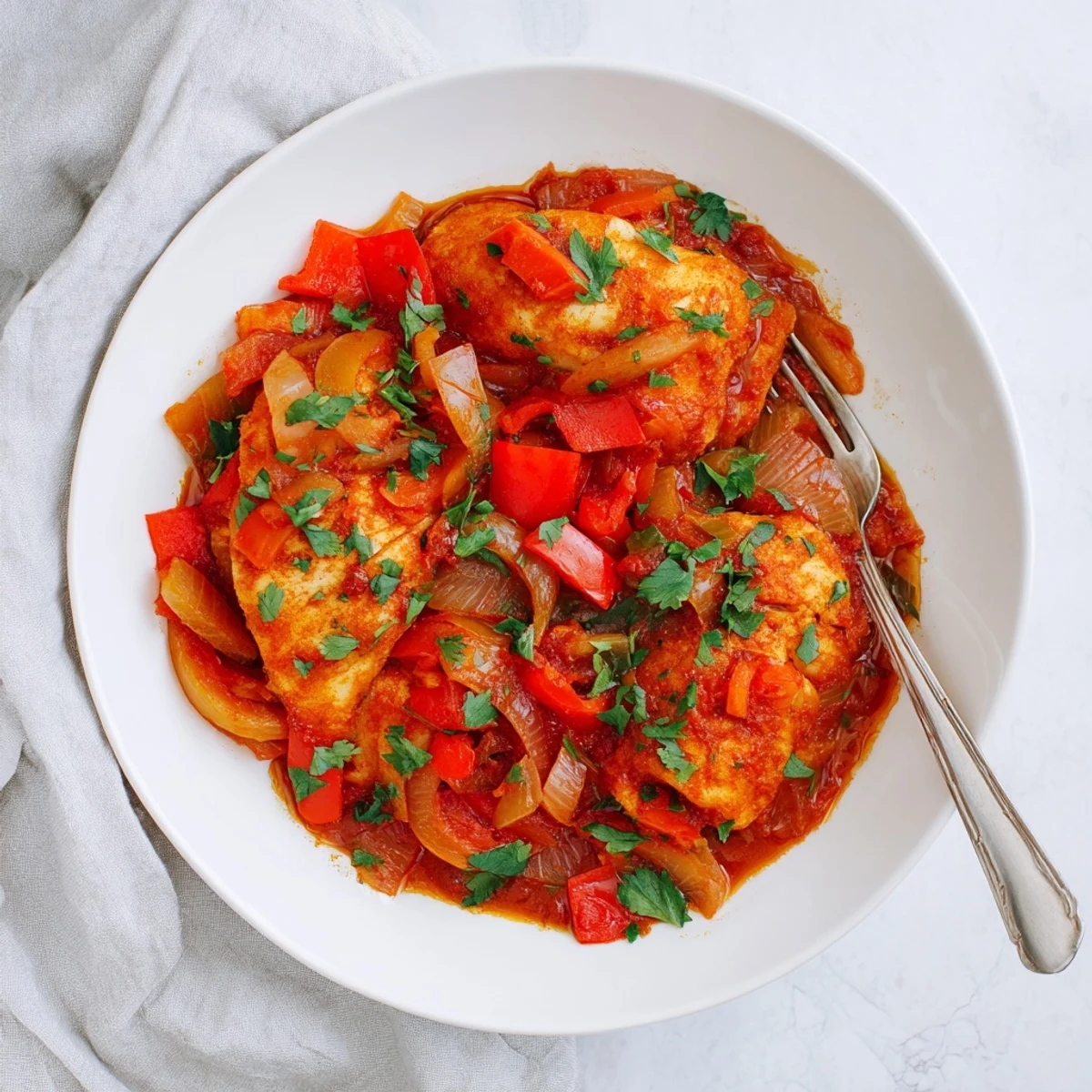 Golden brown fish pieces poached in fragrant tomato sauce topped with green cilantro leaves