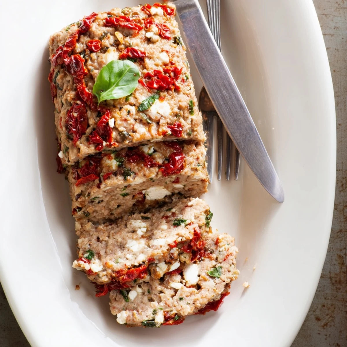 Golden brown Mediterranean turkey meatloaf slices garnished with fresh parsley on a white serving plate