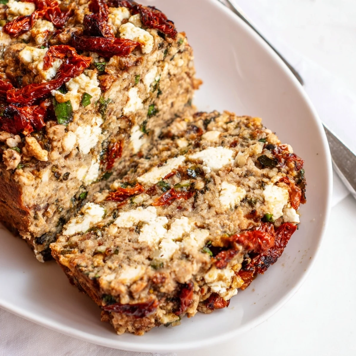 Whole Mediterranean turkey meatloaf with golden crust fresh herbs and crumbled feta topping ready to serve