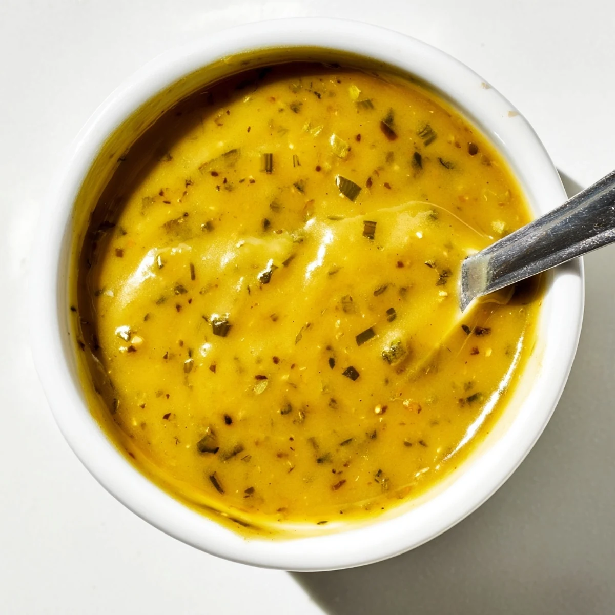 Golden jalapeño honey mustard sauce drizzled over crispy chicken tenders on a white plate