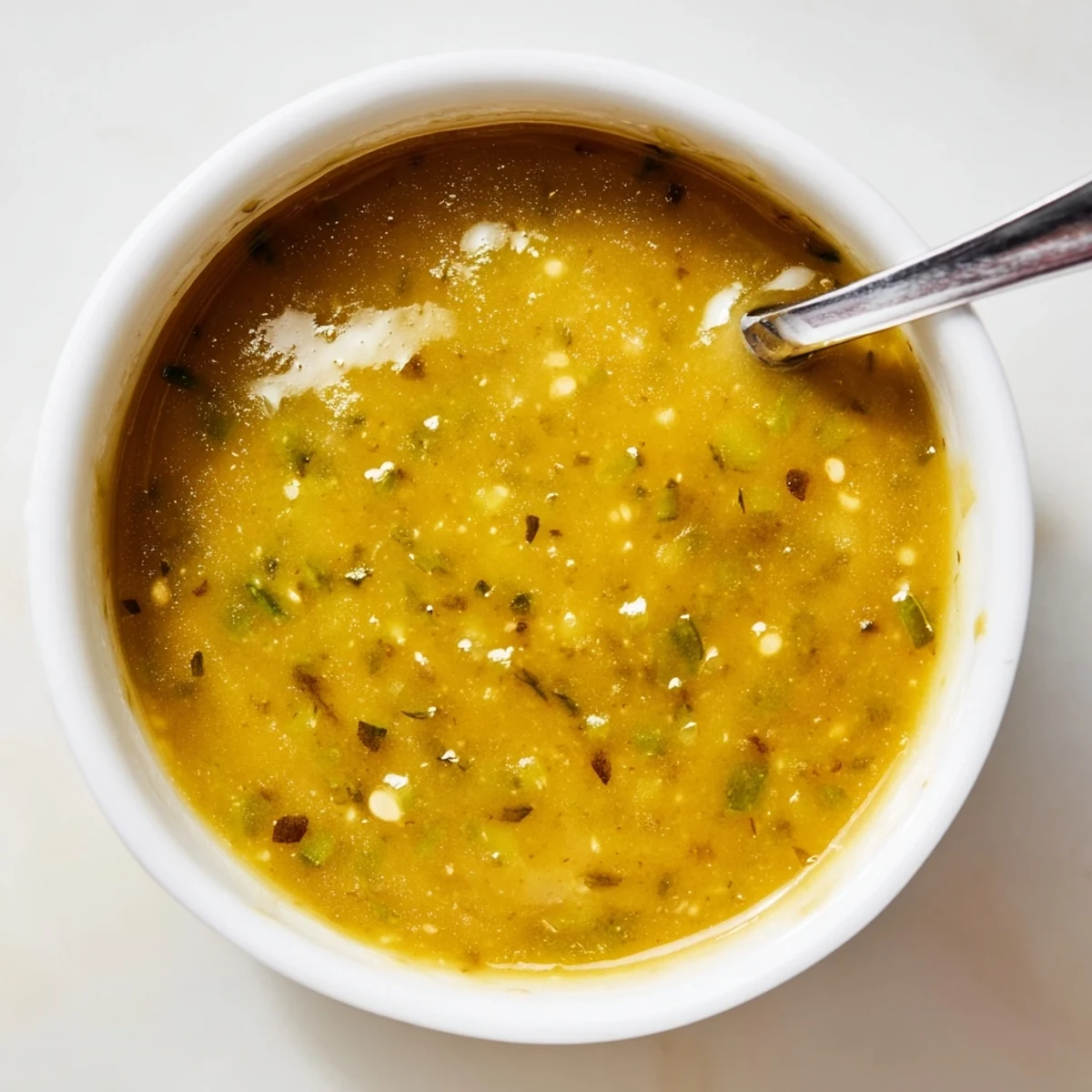 Creamy jalapeño honey mustard sauce in a glass jar with fresh pepper slices on top
