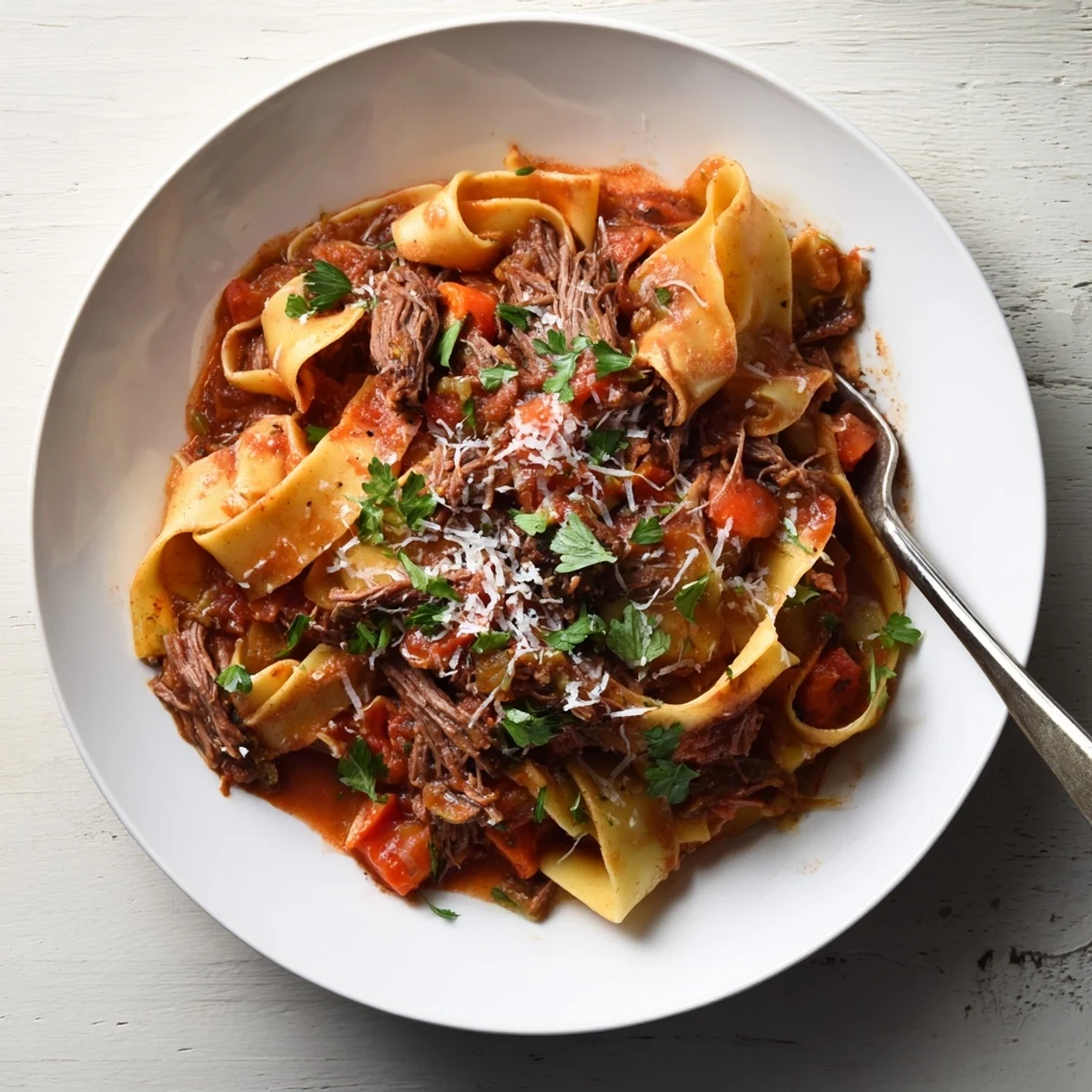 Tender braised lamb ragu served over wide pappardelle noodles topped with grated Parmesan cheese