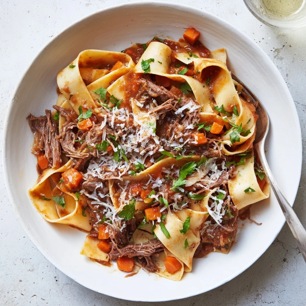 Slow cooked lamb ragu with pappardelle pasta tossed in rich tomato red wine sauce
