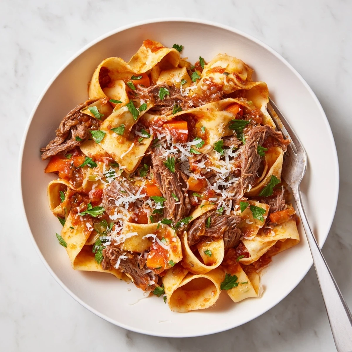 Hearty Italian lamb ragu with pappardelle featuring shredded meat in thick savory tomato sauce