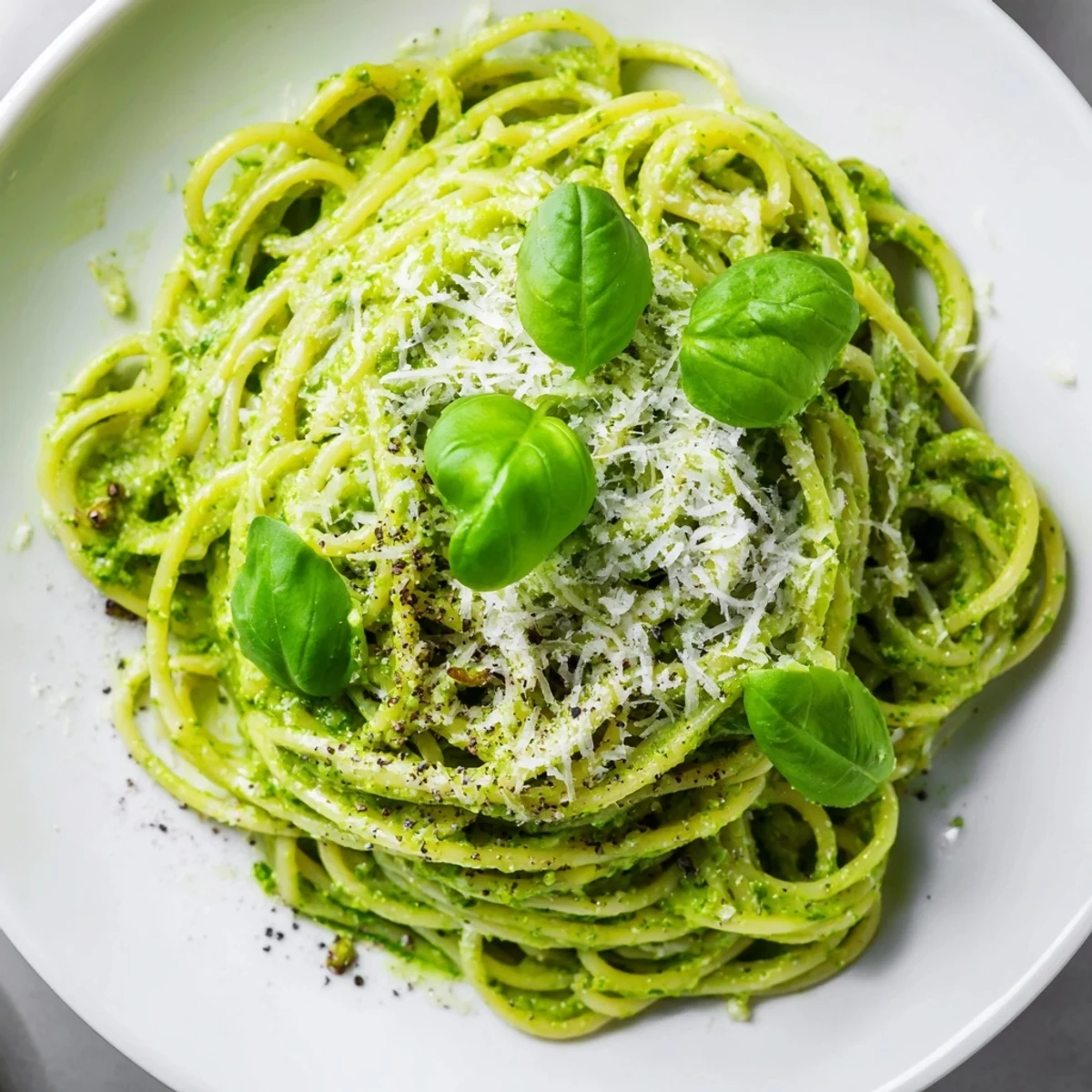 Creamy avocado spinach and basil pesto spaghetti tossed with vibrant green sauce