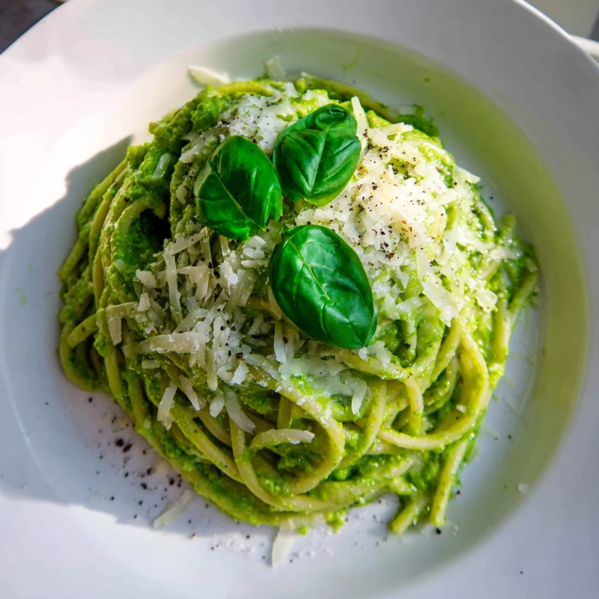 Al dente spaghetti noodles coated in fresh avocado basil pesto with parmesan garnish