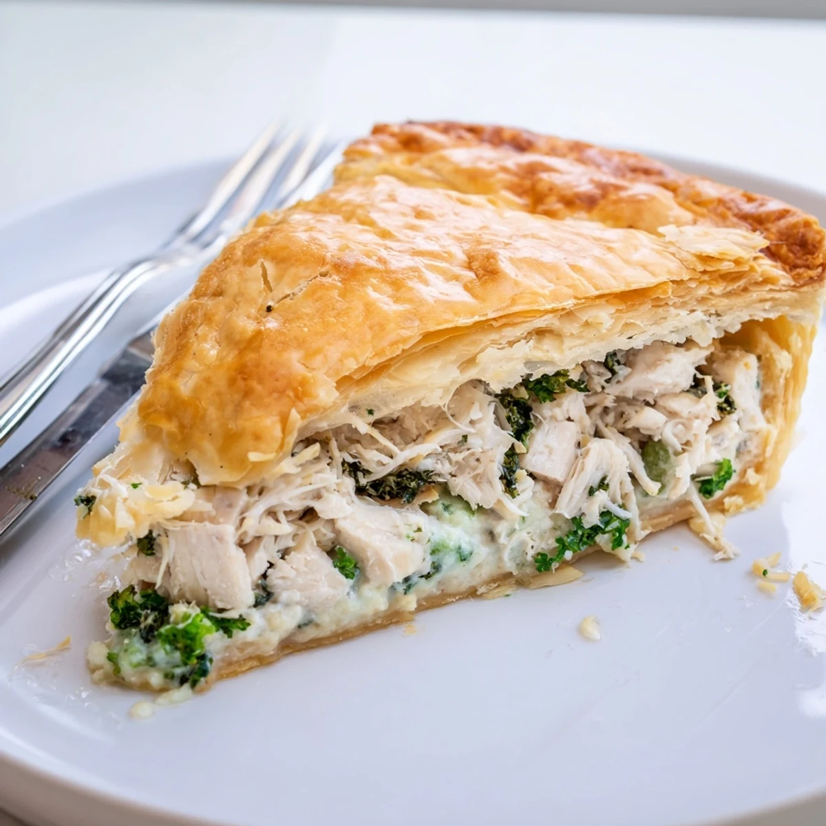 Golden chicken ricotta and herb pie with flaky puff pastry crust on a wooden board