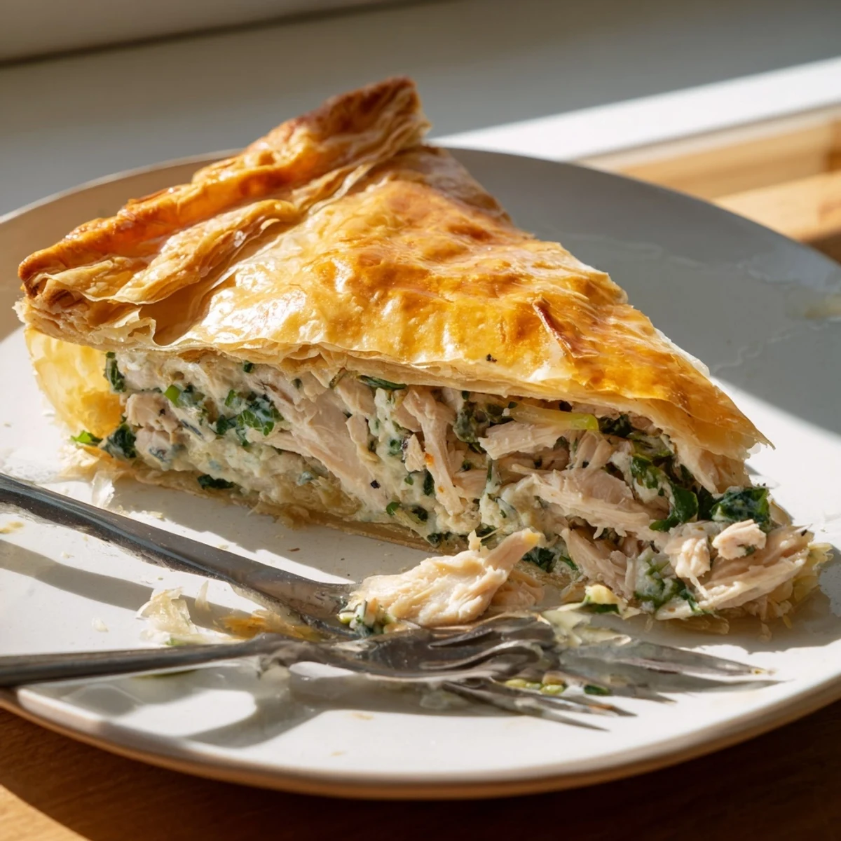 Savory rustic chicken ricotta and herb pie sliced to reveal creamy herb filling inside